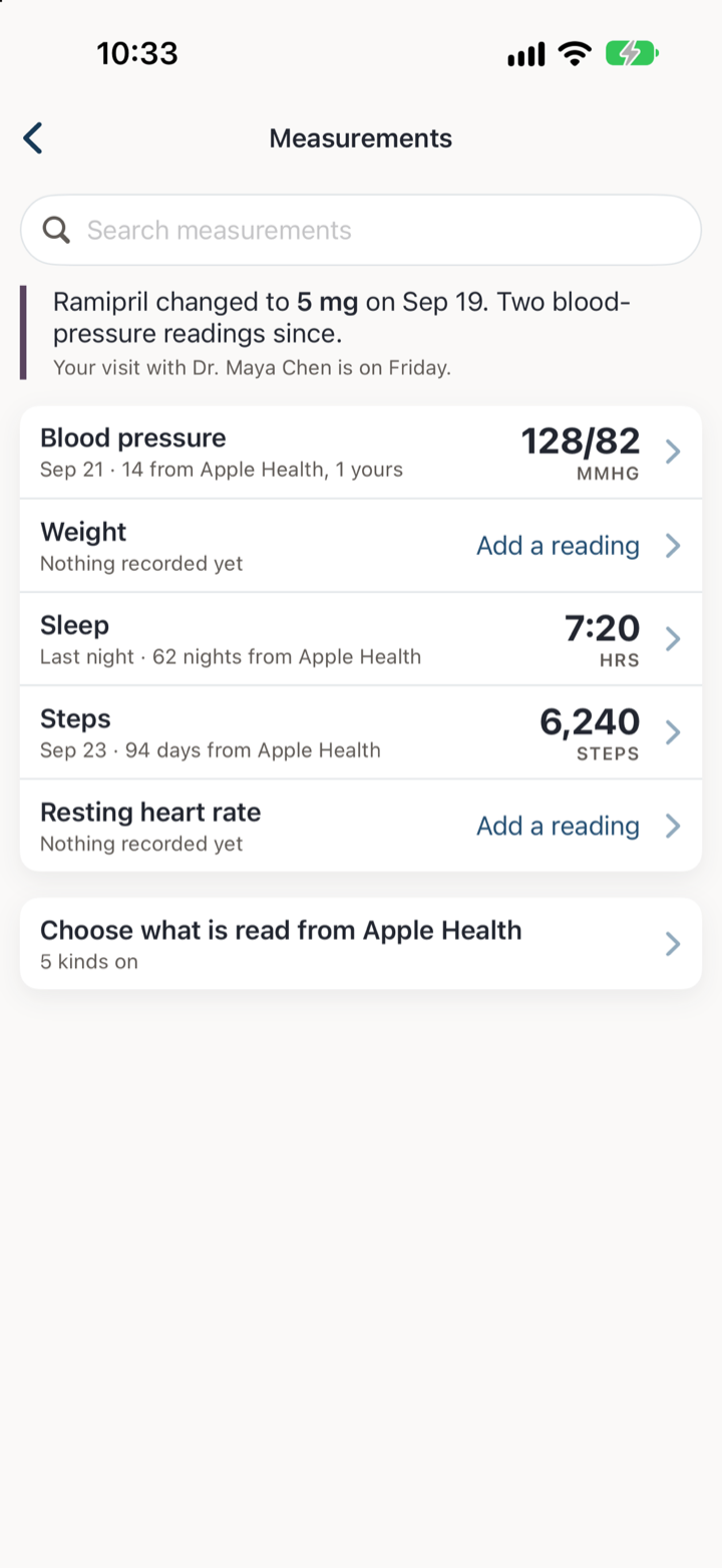 Measurements: blood pressure, sleep and steps, each with how many readings came from Apple Health, and weight and resting heart rate with nothing recorded yet