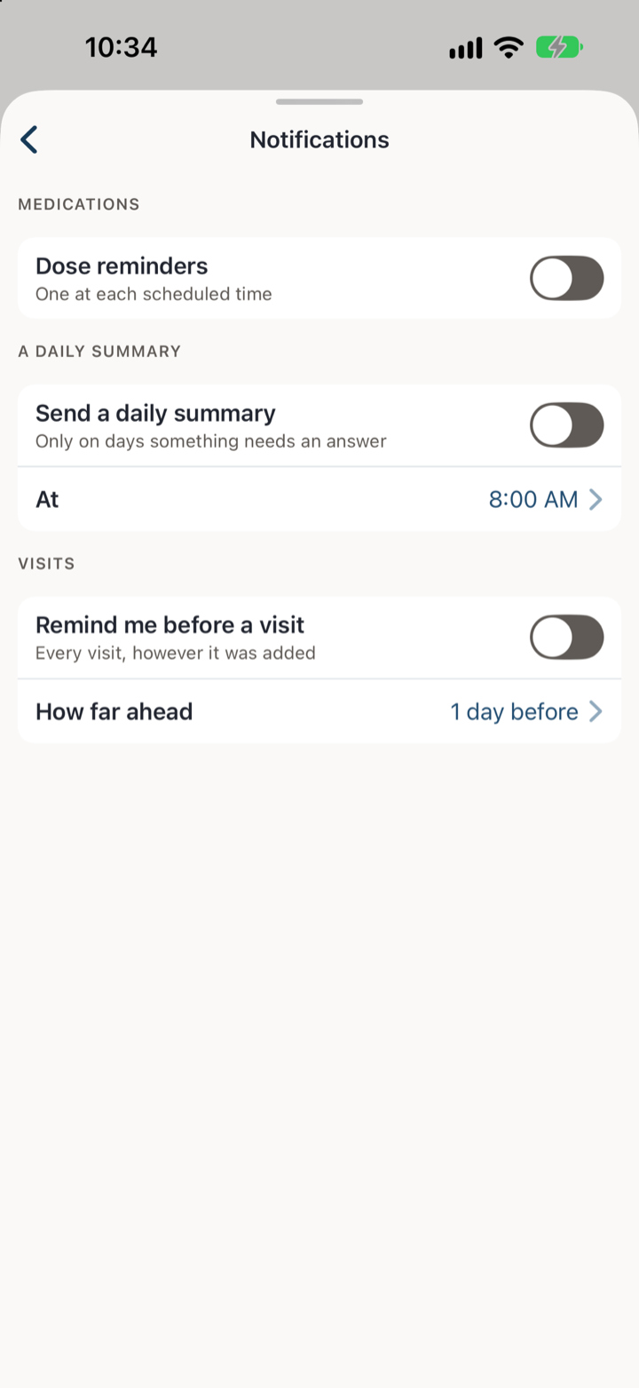 Notification settings with dose reminders, the daily summary and visit reminders all turned off